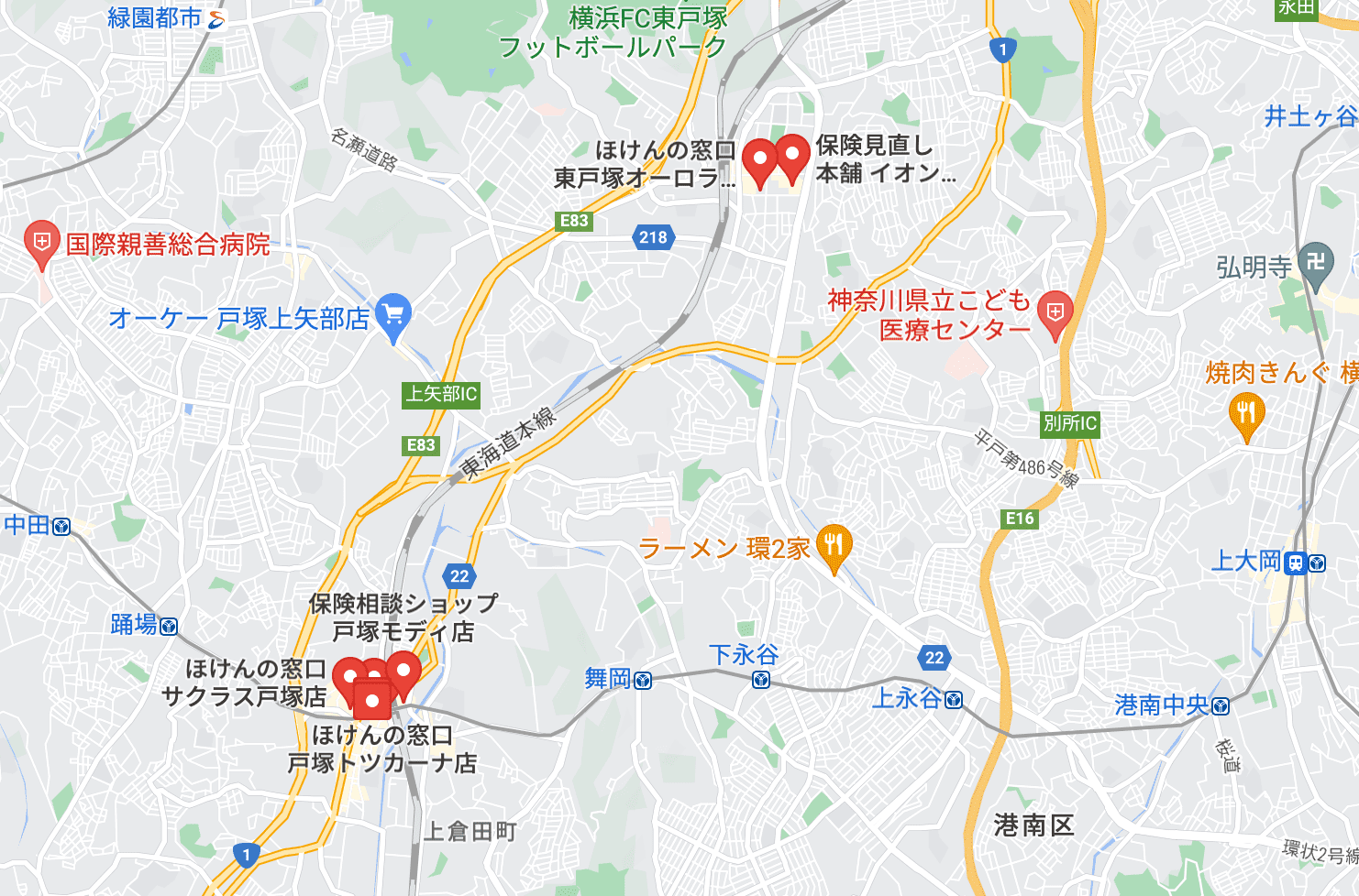 戸塚の保険相談窓口のマップ
